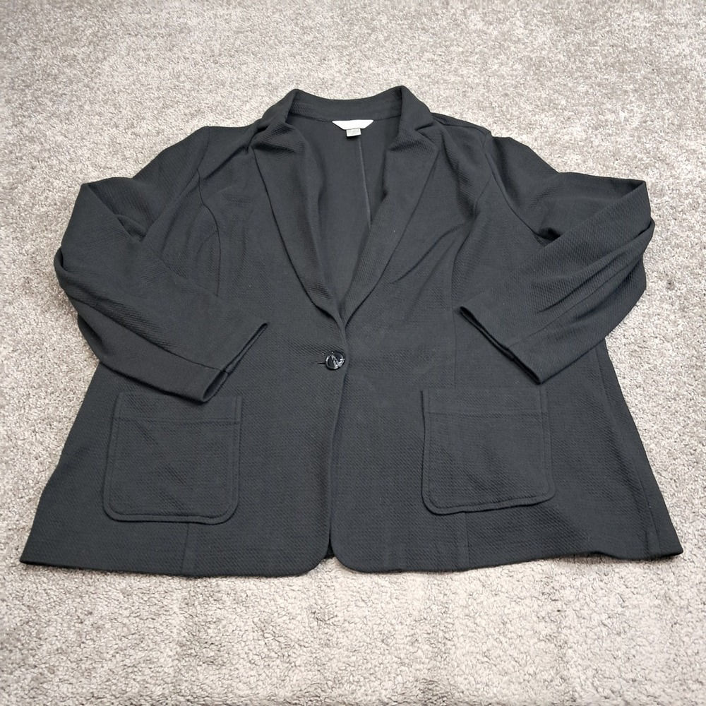 CJ Banks Women 2X Black Textured Waffle Knit One Button Blazer Jacket Pocketed